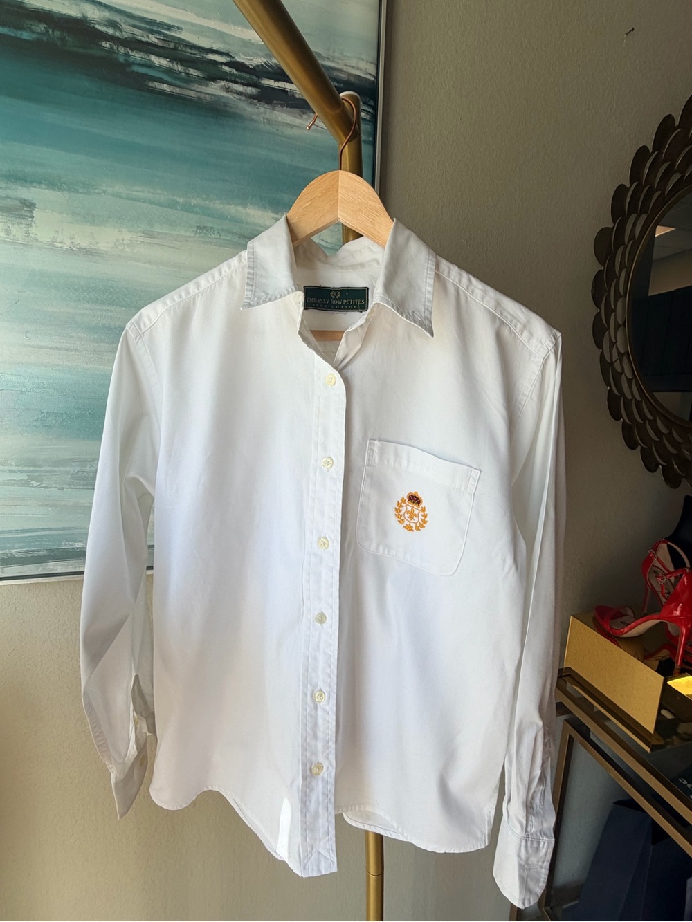 Embassy Row Pettit White Button-Down Shirt with Orange Crest